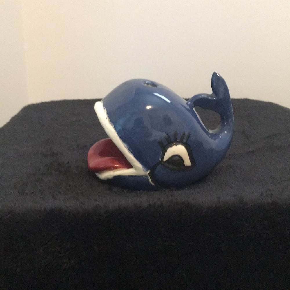 Hand crafted vintage studio pottery small painted miniature whale